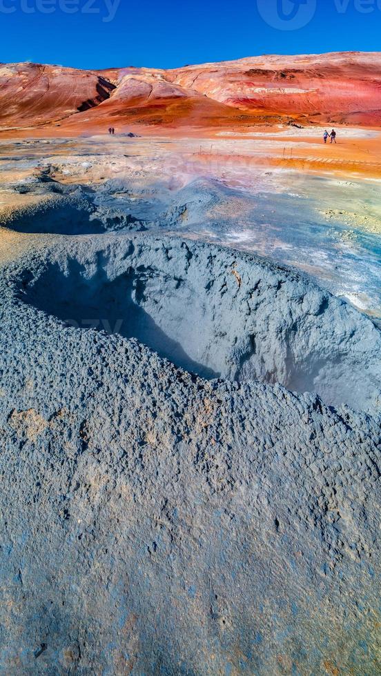 Geothermal active zone Hverir near Myvatn lake in Iceland, resembling Martian red planet landscape, at summer and blue sky photo
