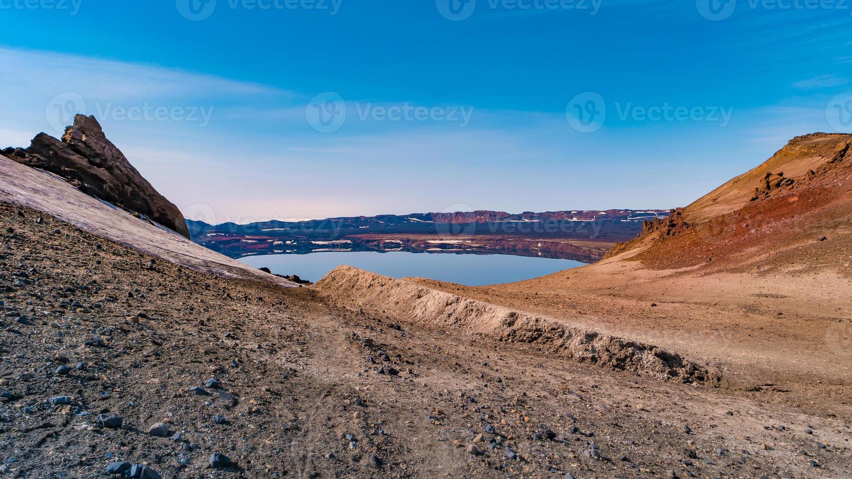Panoramic view over Icelandic landscape of colorful volcanic caldera Askja, in the middle of volcanic desert in Highlands, with red, turquoise volcano soil and blue sky, Iceland photo