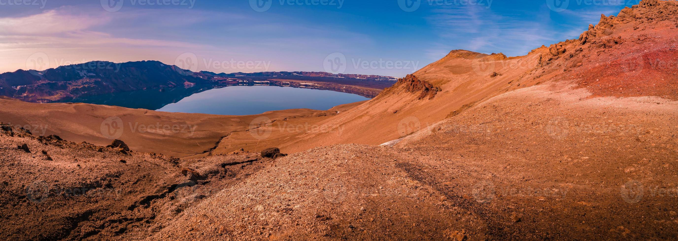 Panoramic view over Icelandic landscape of big volcanic caldera Askja, in the middle of volcanic desert in Highlands, with red, turquoise and orange volcano soil at sunset colors, Iceland. photo