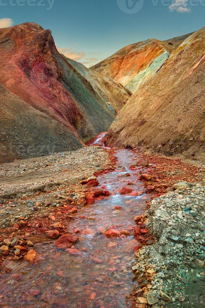 Iconic colorful rainbow volcanic mount Brennisteinsalda Sulphur Wave and creek in Landmannalaugar mountain region in Iceland at sunset and blue sky. photo