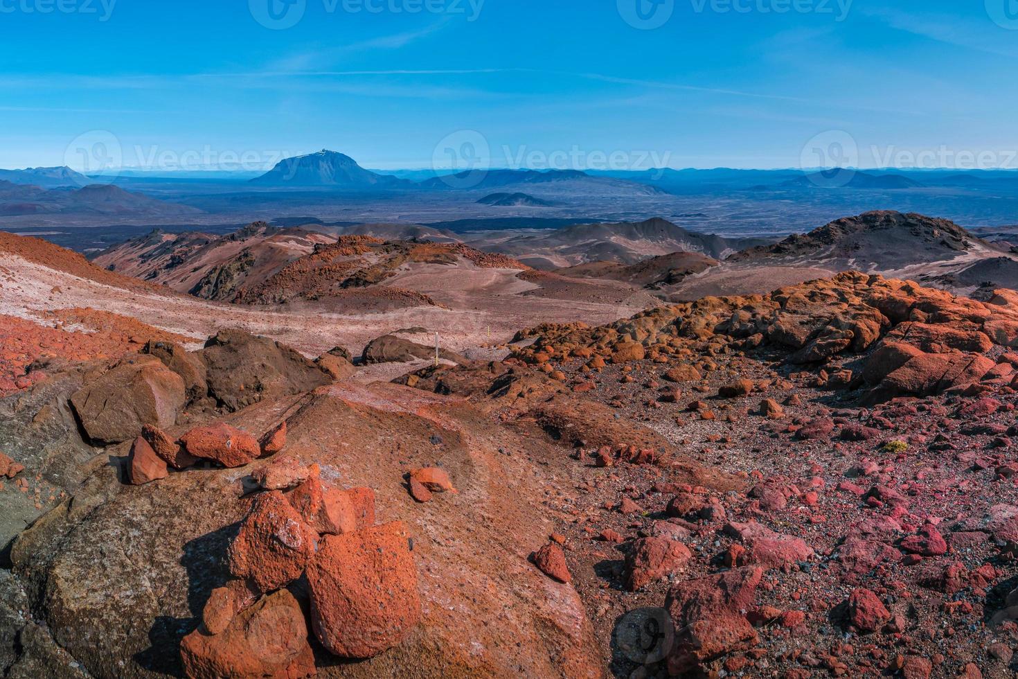 Icelandic landscape of colorful volcanic caldera Askja, in the middle of volcanic desert in Highlands, with red, turquoise volcano soil and hiking trail, Iceland, summer, blue sky photo