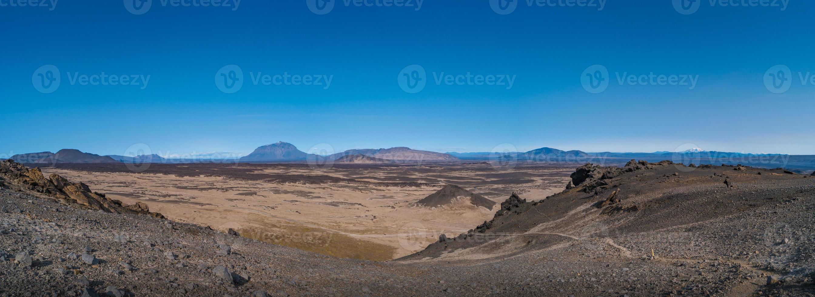 Panoramic view over Icelandic landscape of colorful volcanic caldera Askja, in the middle of volcanic desert in Highlands, with red, turquoise volcano soil and blue sky, Iceland photo