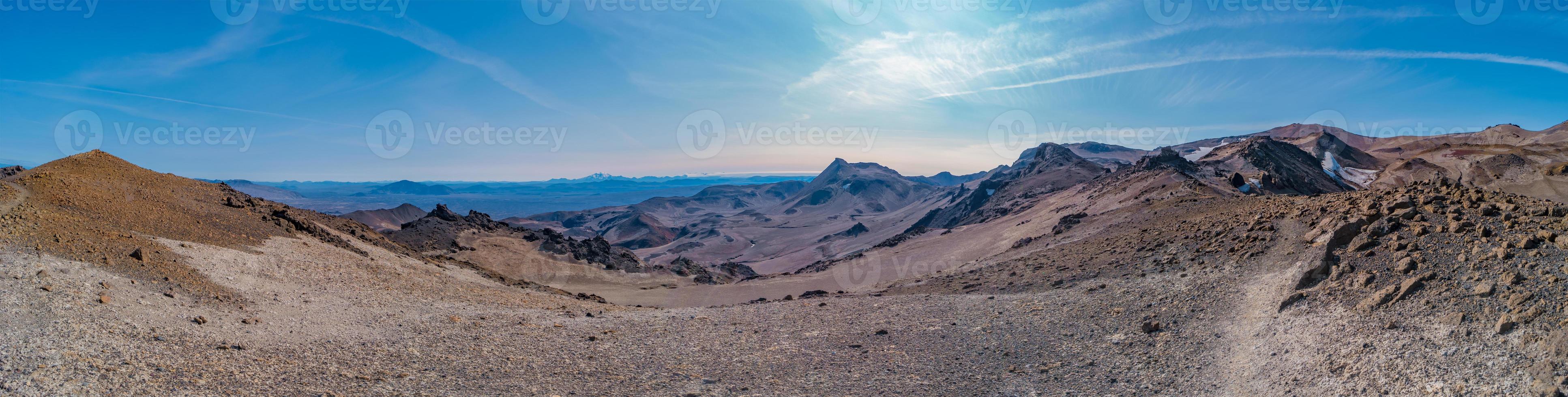 Panoramic view over Icelandic landscape of colorful volcanic caldera Askja, in the middle of volcanic desert in Highlands, with red, turquoise volcano soil and blue sky, Iceland photo