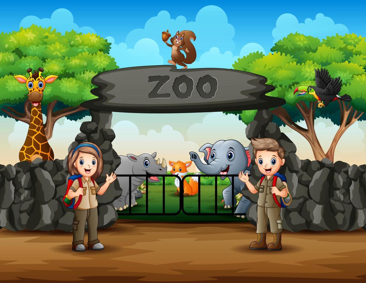 The scouts and wild animals at zoo entrance illustration vector