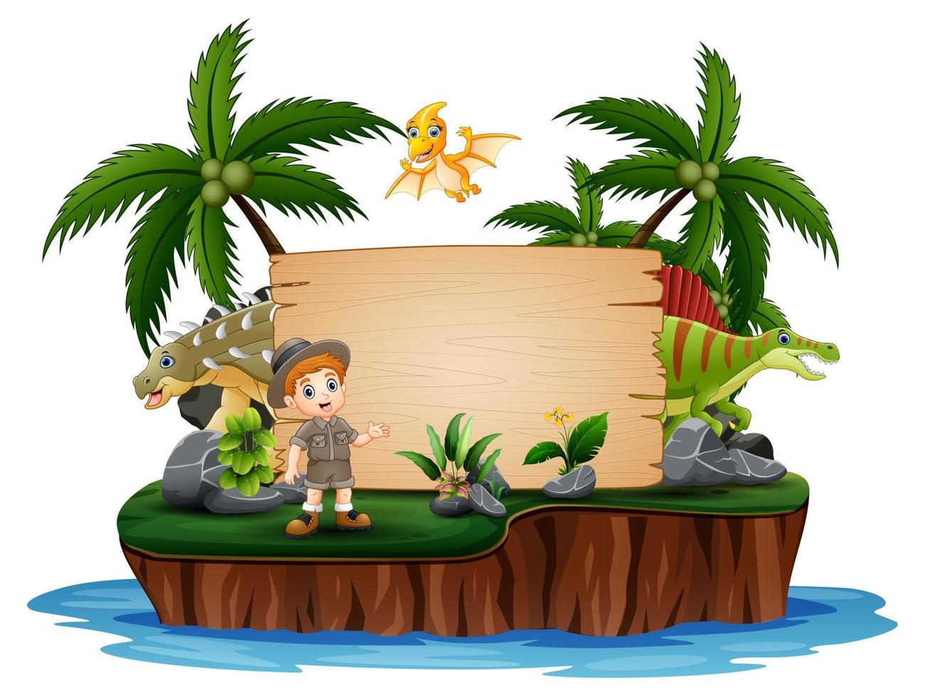 Dinosaurs with zookeeper on island vector