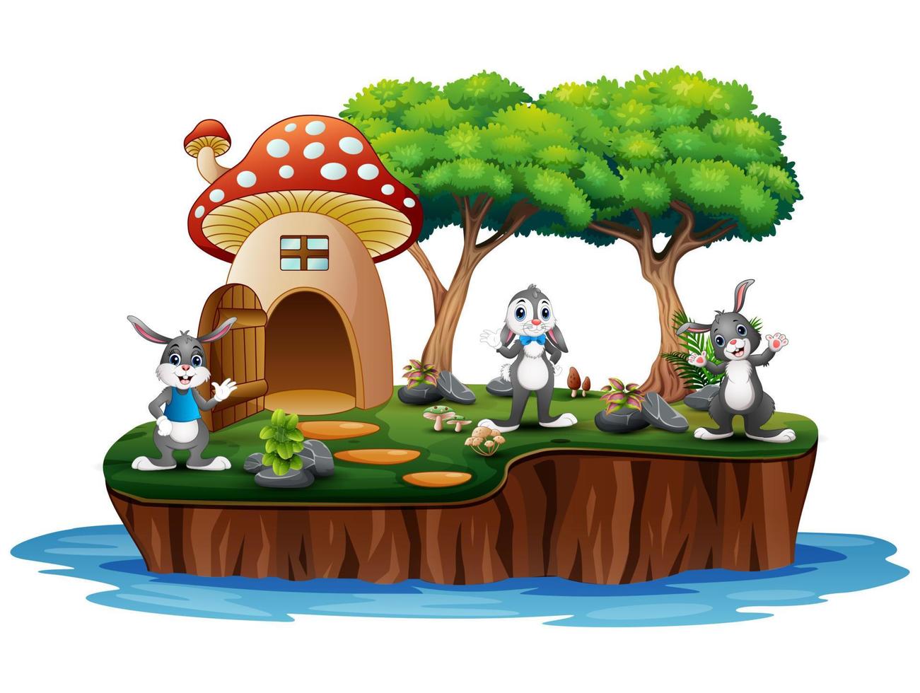 A mushroom house with many rabbits on island vector