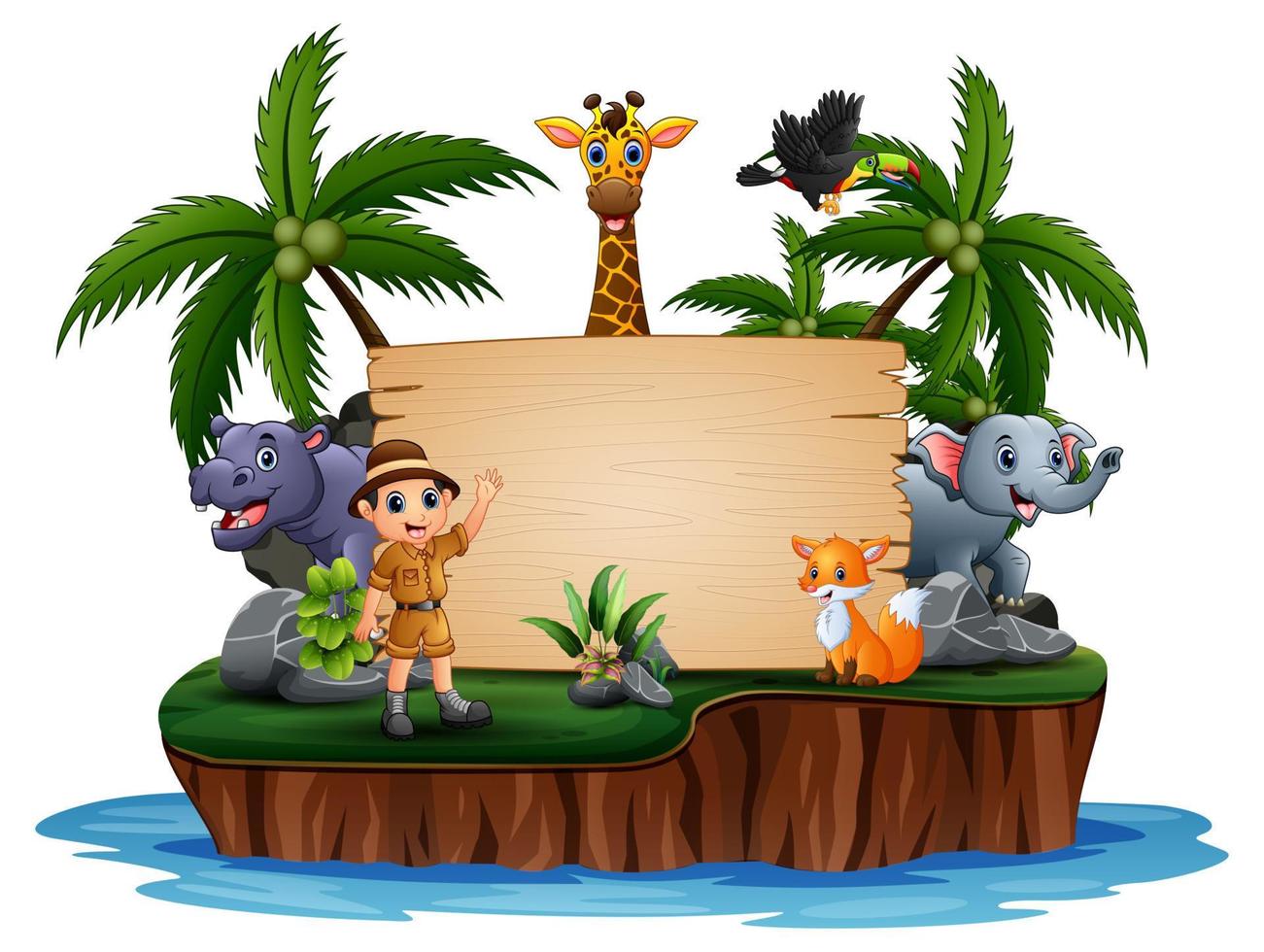 Wild animals with zookeeper on wooden sign vector