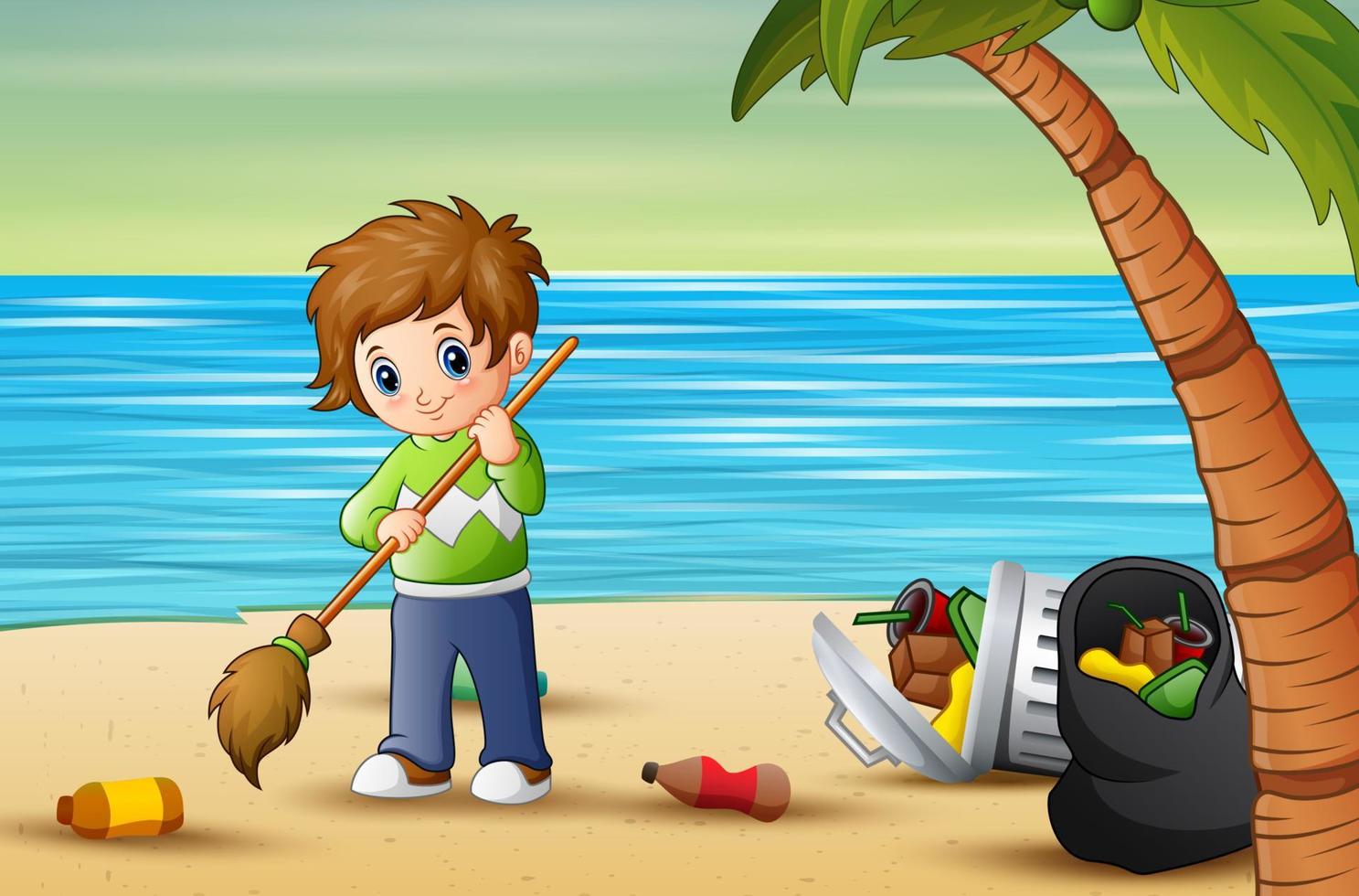 Volunteer man cleaning trash on the beach vector