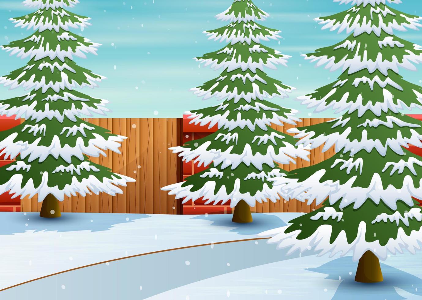 Brick fence with white falling snow and pine forest background vector