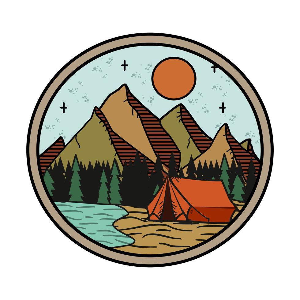 campamento cerca de la ilustración de la insignia del lago vector