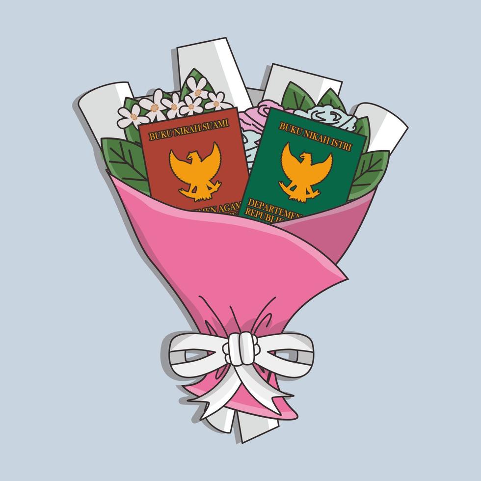 bouquet with indonesian marriage book on top vector
