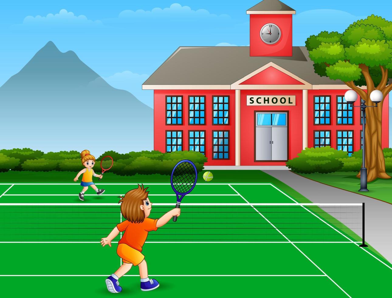 Featuring boys playing tennis at school court vector