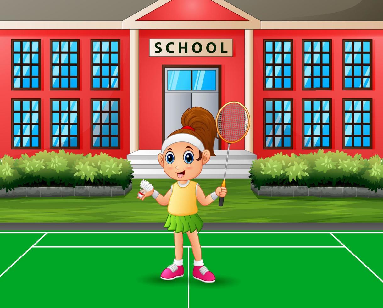 Happy girl playing badminton at school court vector