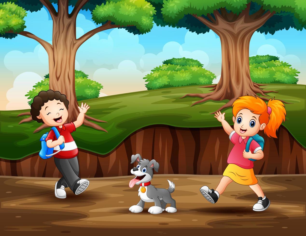 Happy children walking in the forest vector