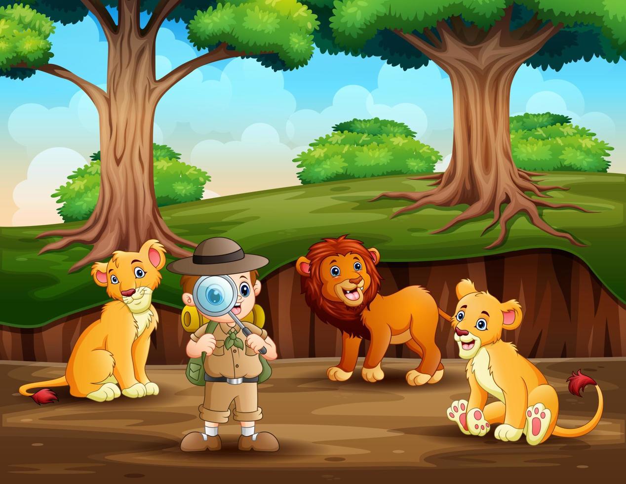 The explorer with lions on the forest vector