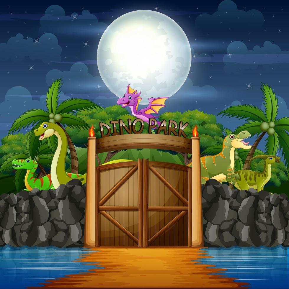 Cartoon dinosaurs on the dino park at night landscape vector
