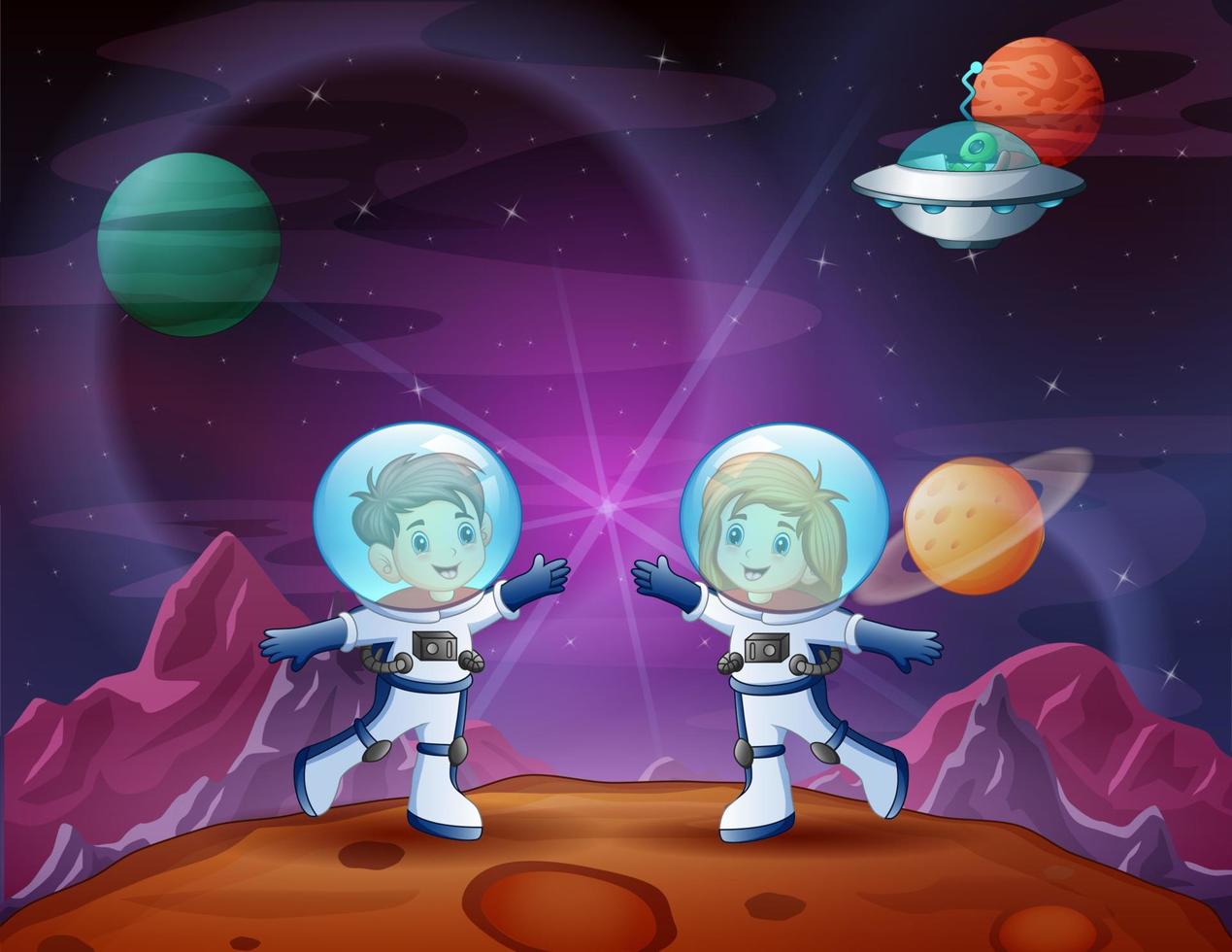 dibujos animados de dos niños astronautas explorando en la luna vector