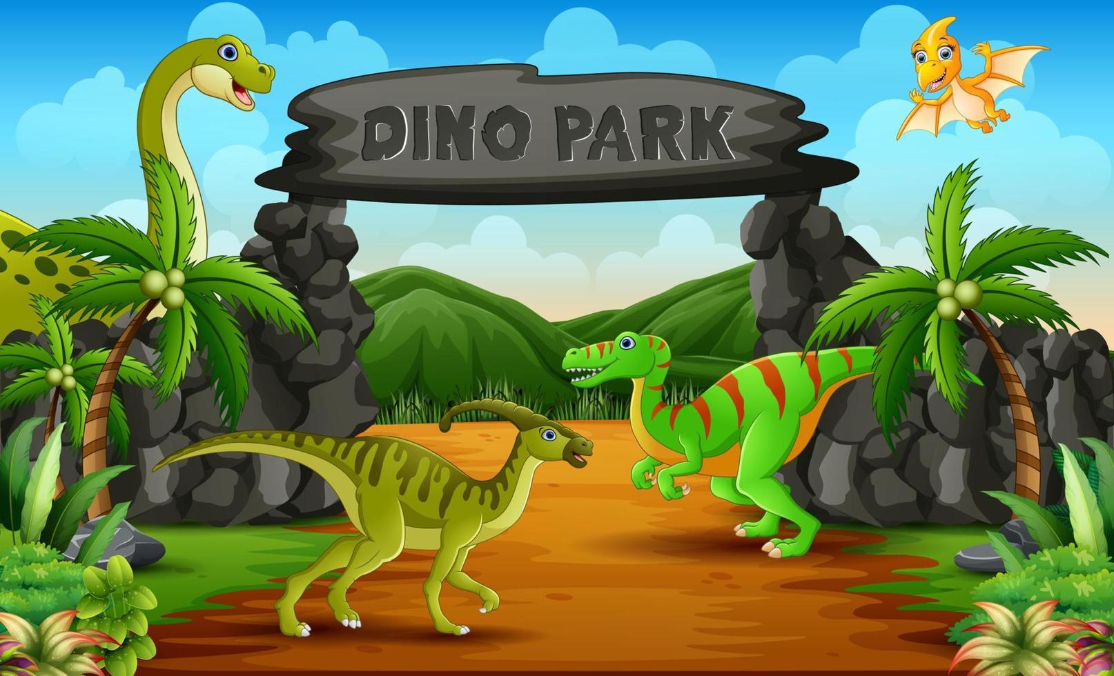 Dinosaurs in a Dino park entrance illustration vector