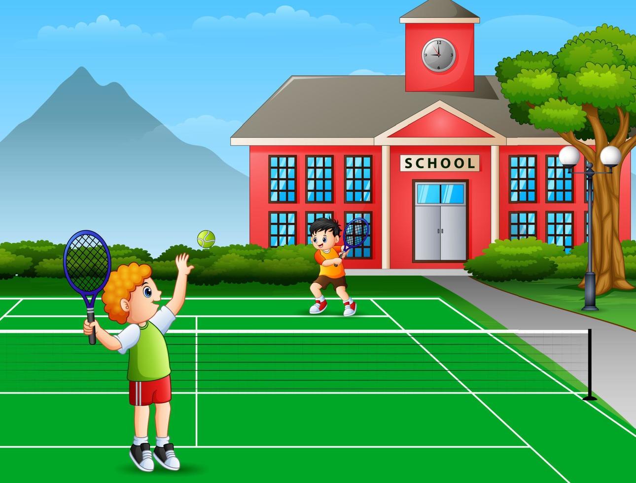 con niños jugando al tenis en la cancha de la escuela vector