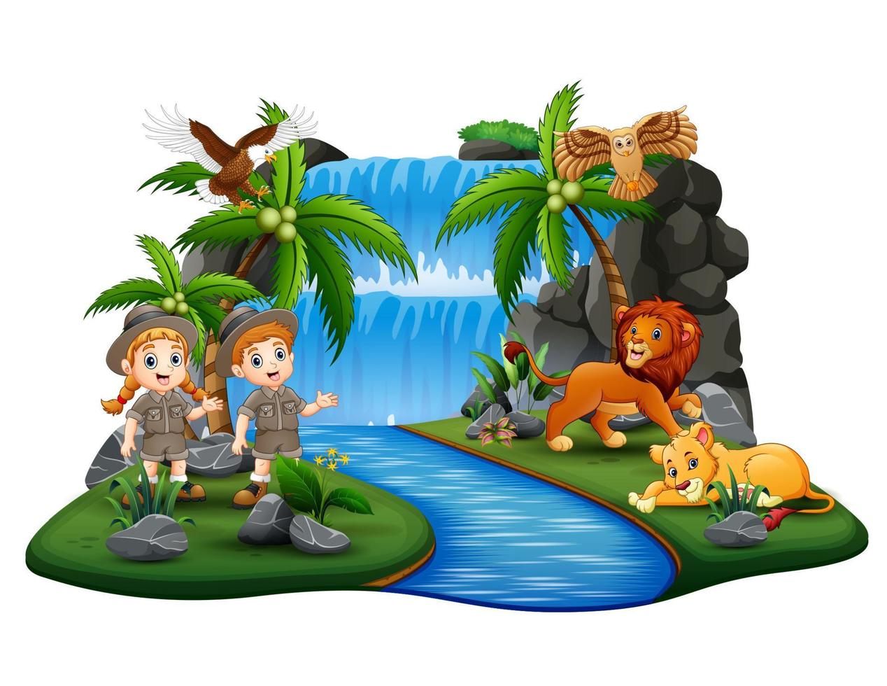 The zookeepers with wild animals on nature island vector