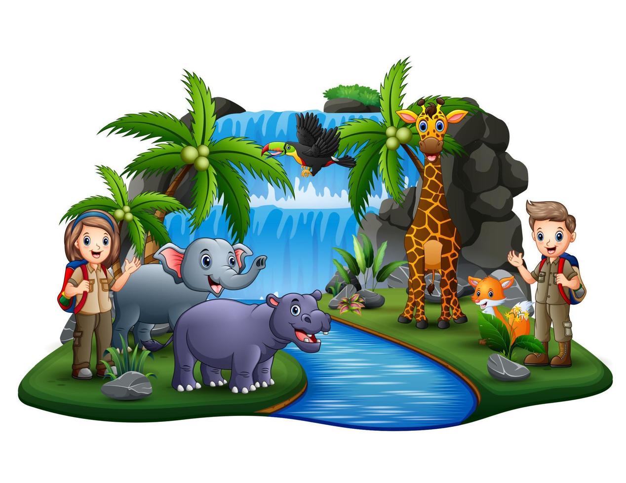 The scouts with many animals on island scene vector