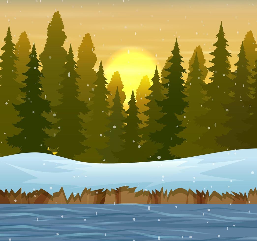A winter forest landscape at sunset vector