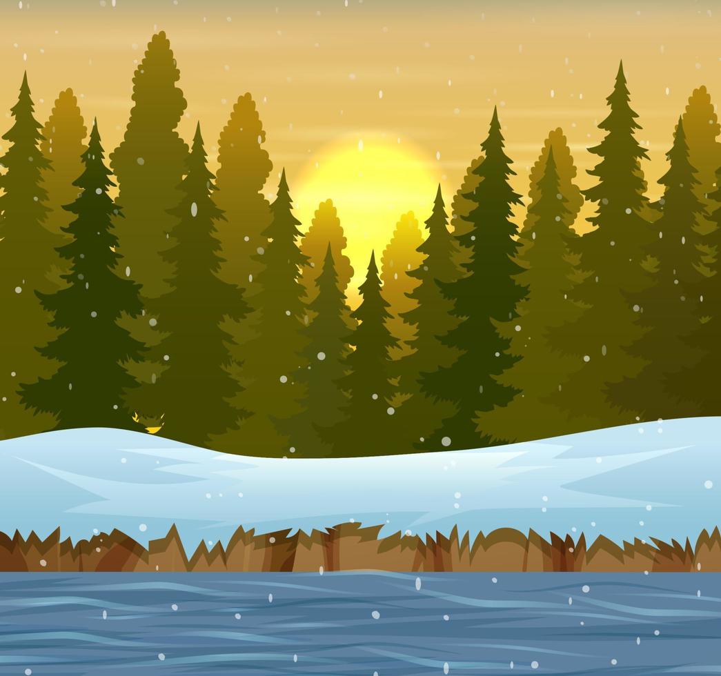 un paisaje de bosque de invierno al atardecer vector