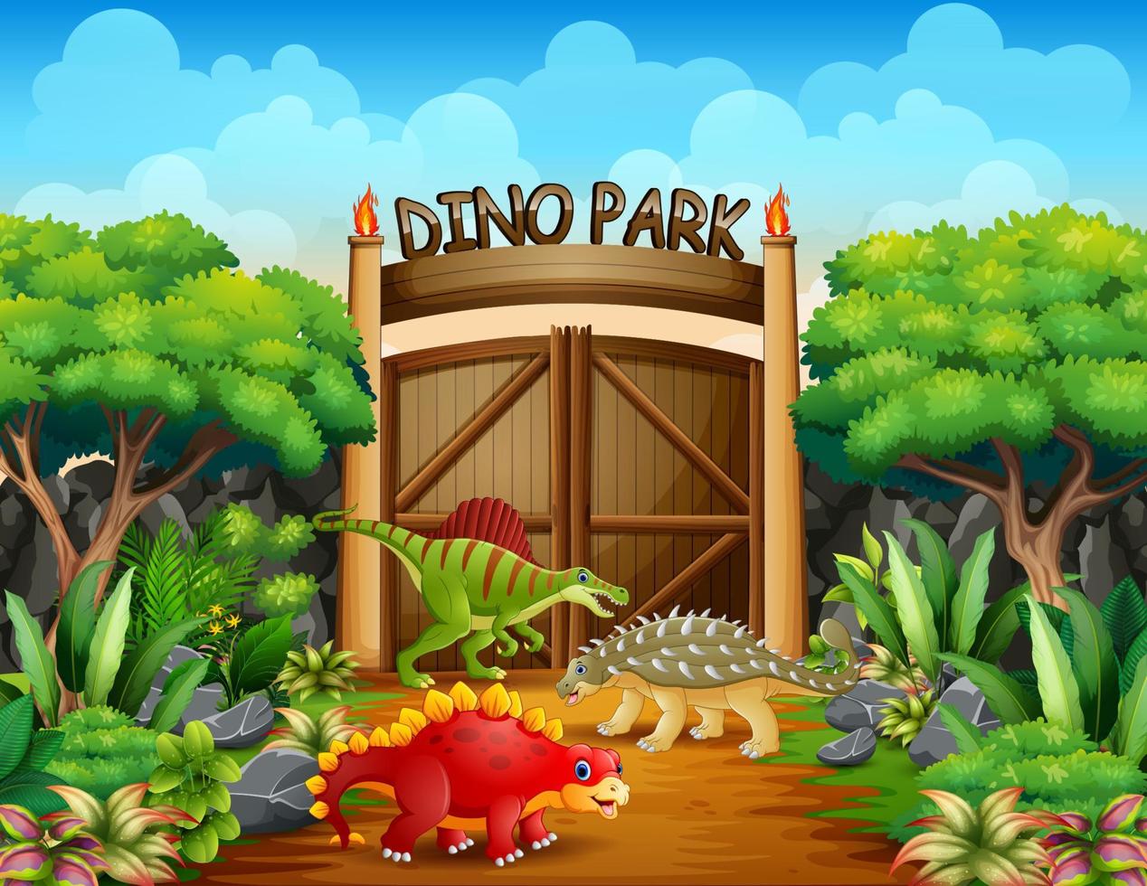 Different dinosaurs in dino park illustration vector