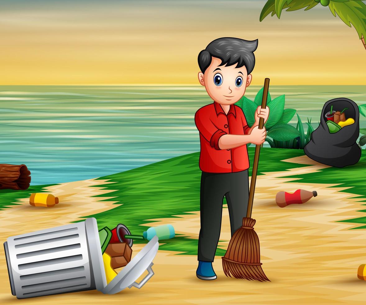 Volunteer man cleaning trash on the beach vector