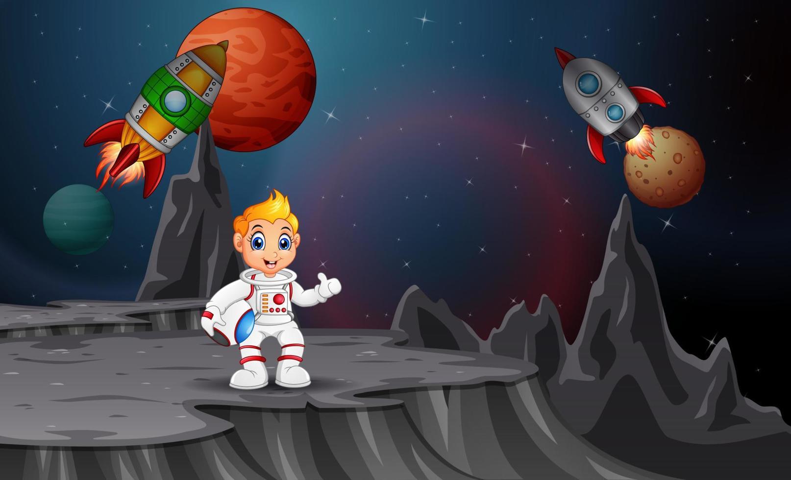 Astronaut boy and rocket in space vector