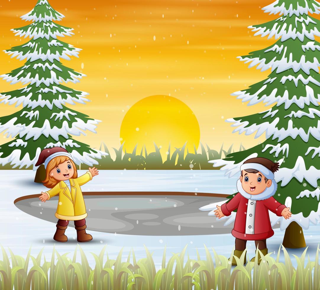 Children in a winter clothes at nature vector