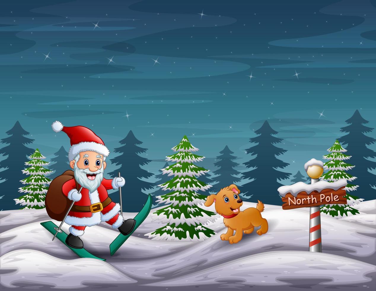 Santa claus skiing with a dog in north pole vector