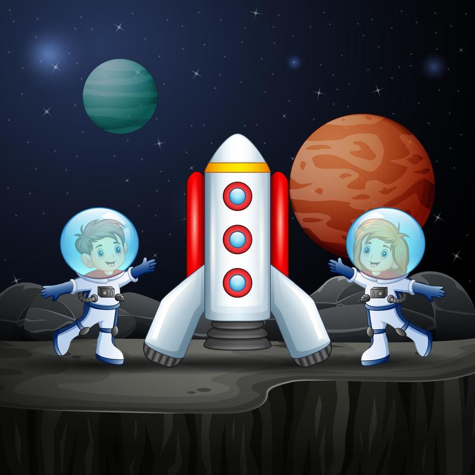 dibujos animados dos niños astronautas exploran el espacio vector