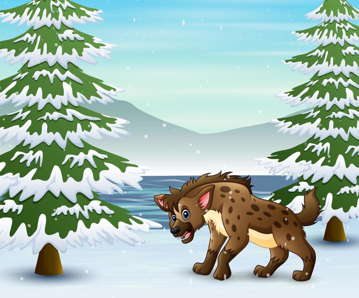 A hyena cartoon on the winter forest vector