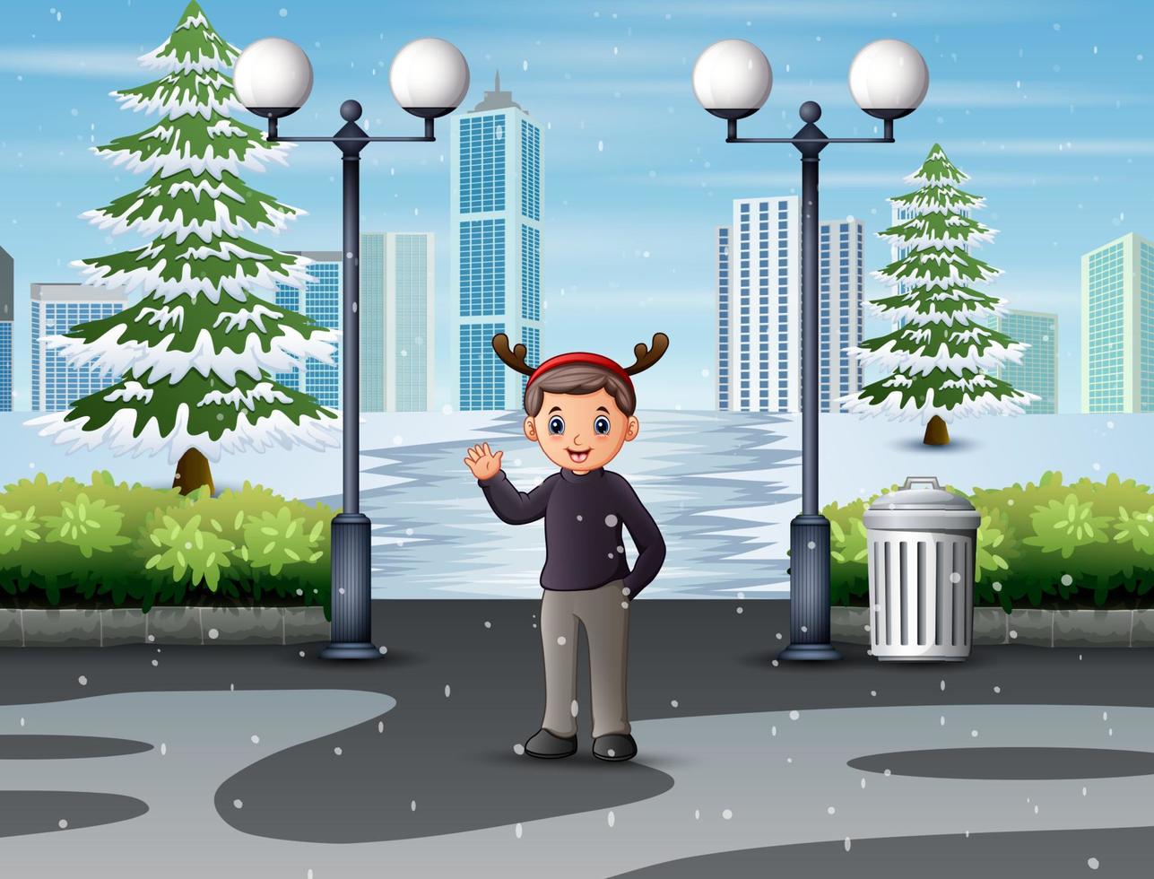 A man smiling and waving at snowy playground vector