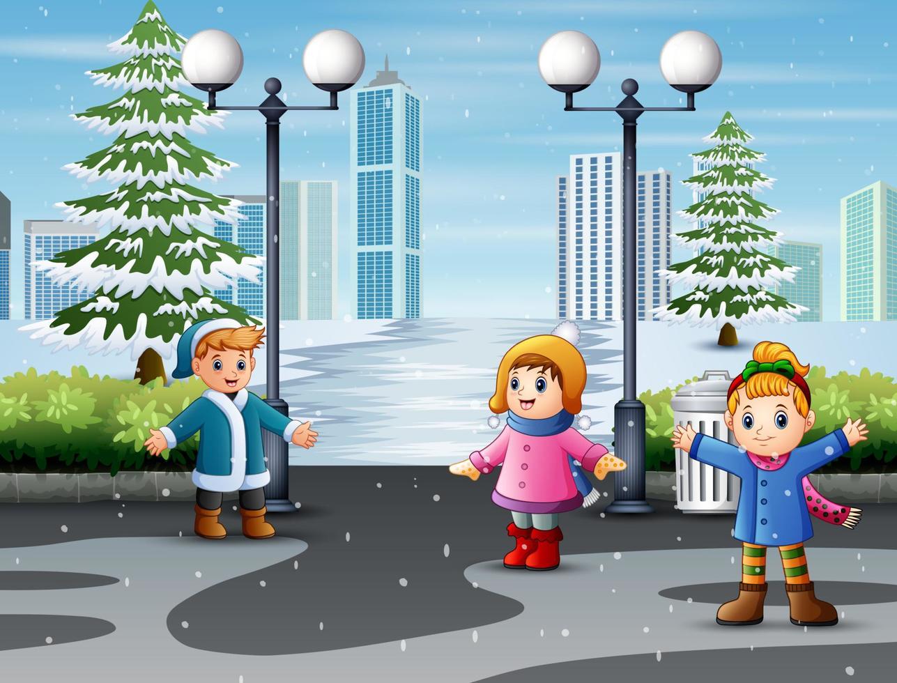 Happy children meeting with friends in natural snowy park vector