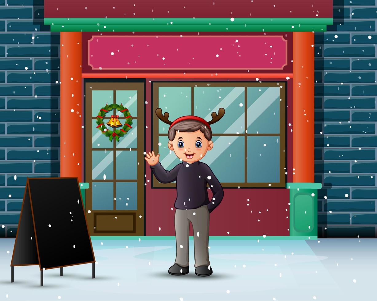 A man waving hand in front his store vector