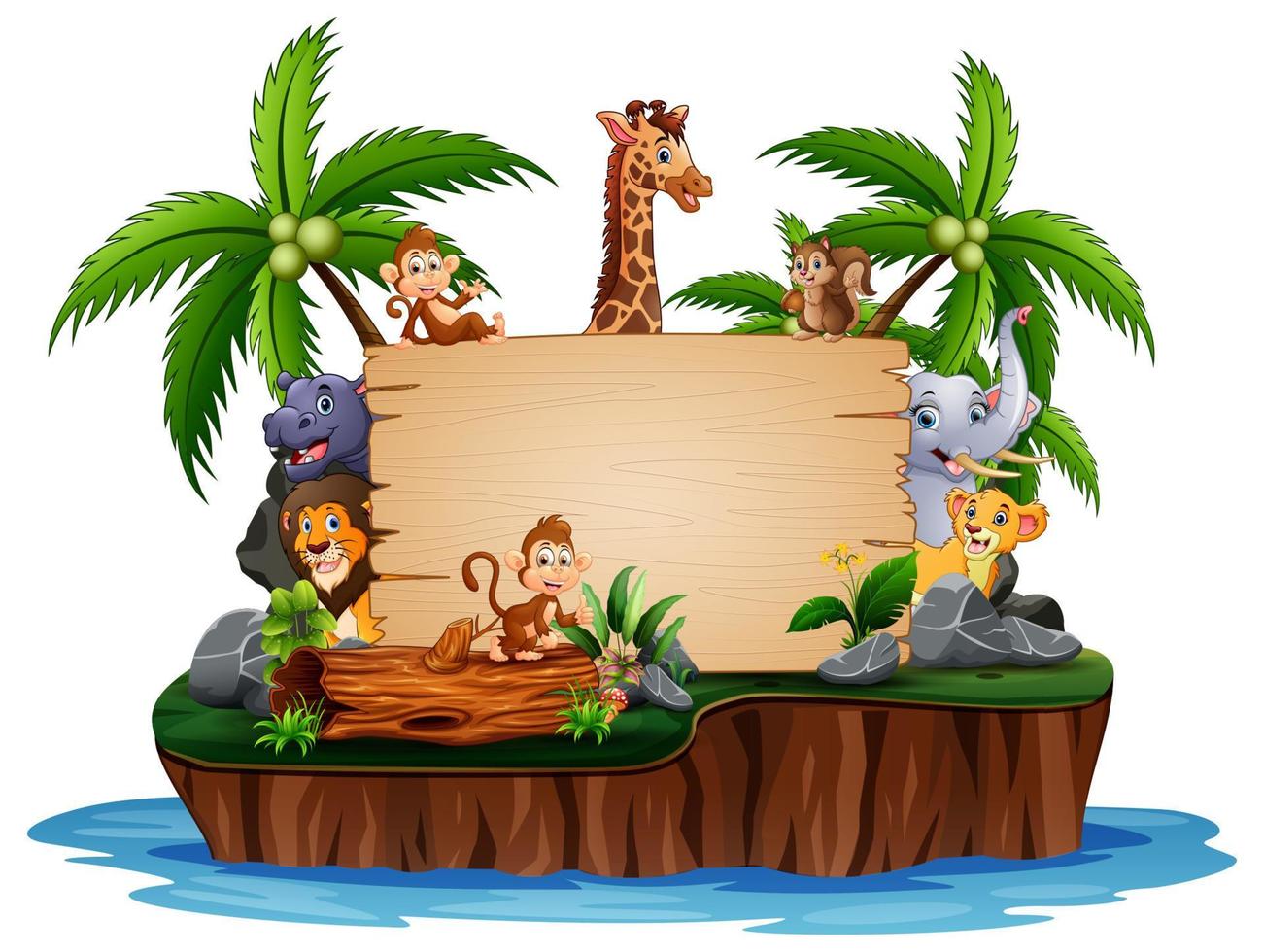 animales salvajes con cartel de madera en la isla vector