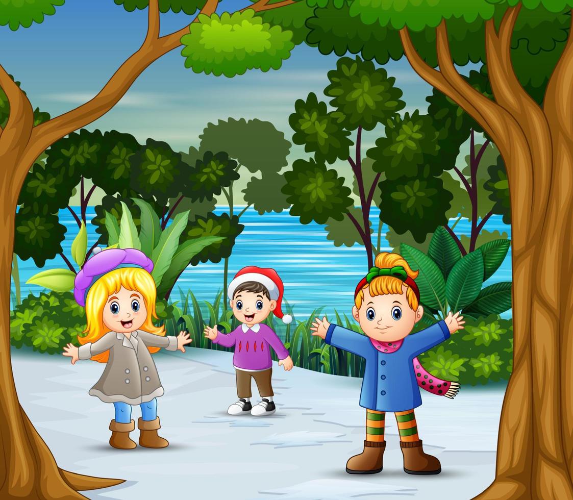 Three girls playing on the snow illustration vector