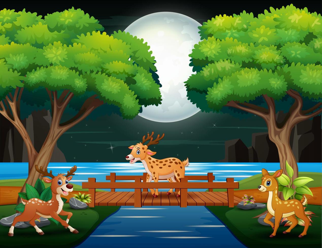 caricaturas de ciervos jugando en la escena nocturna vector