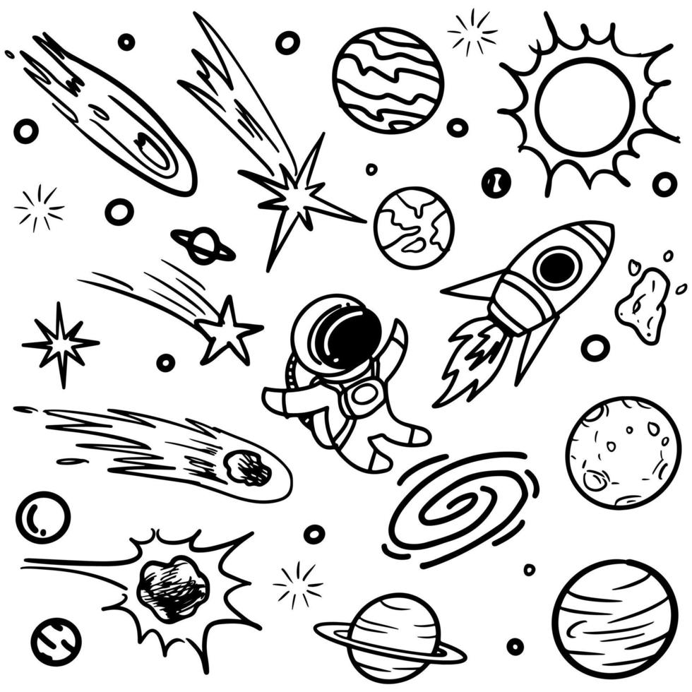 Space doodle vector elements. Hand drawn stars, comets, planets and moon in sky isolated on white background.