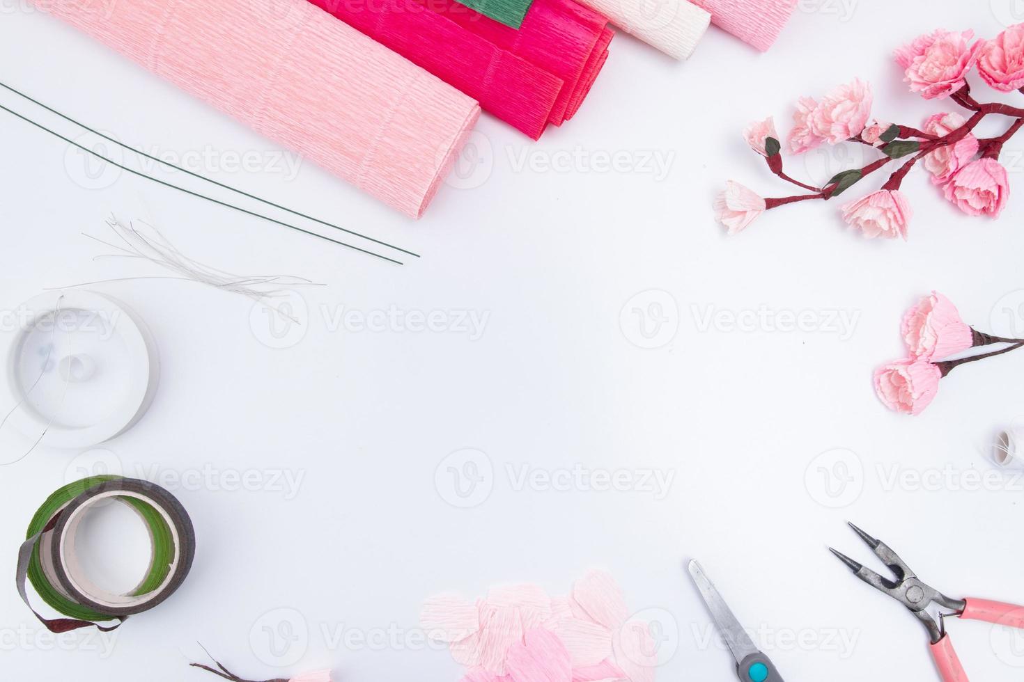 Tools and materials for creating a spring branch with sakura flowers from corrugated paper. Do it yourself photo