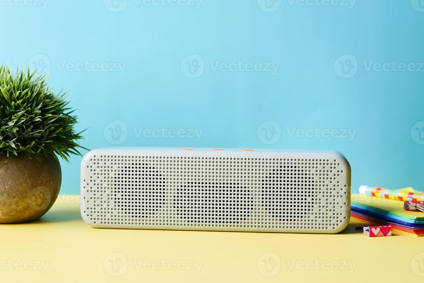 smart speaker and keyboard with copy space on white background photo