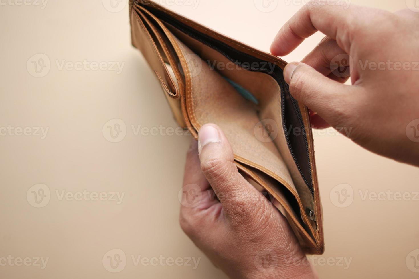 Man hand open an empty wallet with copy space. photo