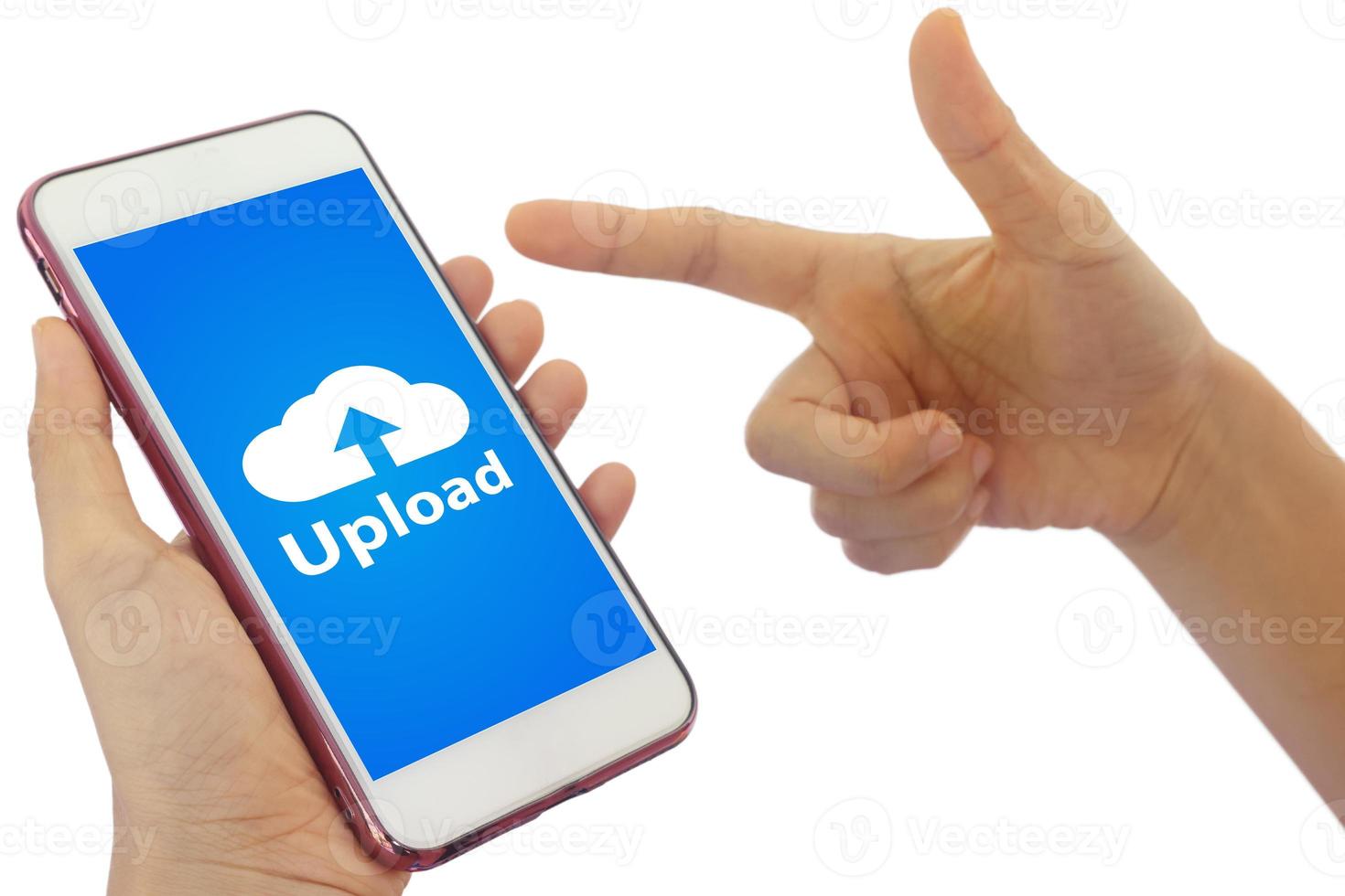 Smartphone on hand opening cloud uploading concept on phone screen. woman or man hand upload from mobile phone to store data on server photo