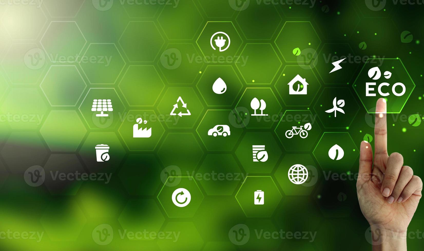 Eco technology or environmental technology concept with environment Icons over the network connection on green leaf energy sources for renewable, sustainable development photo