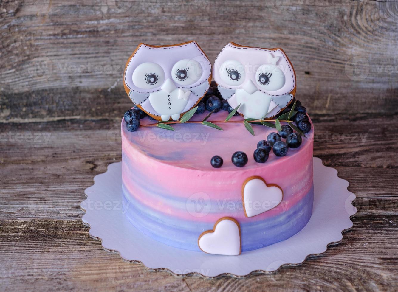beautiful homemade cake with pink with blue cream, decorated with owl figurines photo