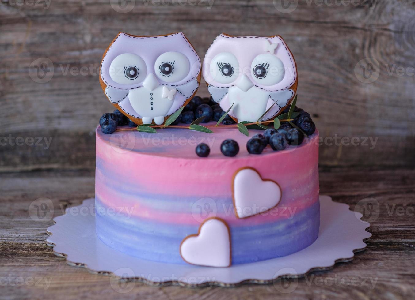 beautiful homemade cake with pink with blue cream, decorated with owl figurines photo