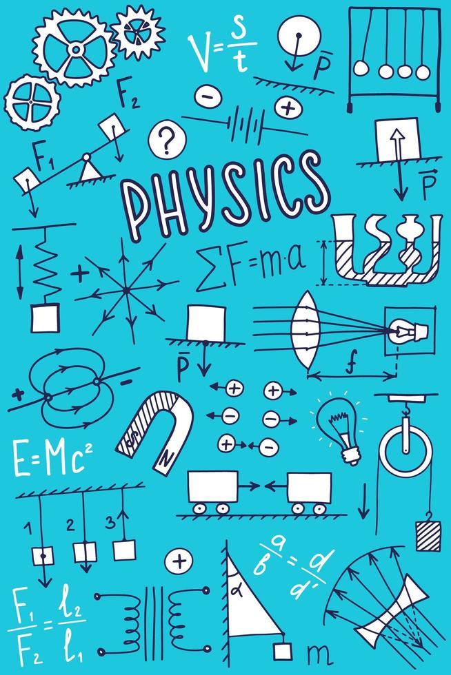 Phisics symbols icon set. Science subject doodle design. Education and study concept. Back to school sketchy background for notebook, not pad, sketchbook. vector