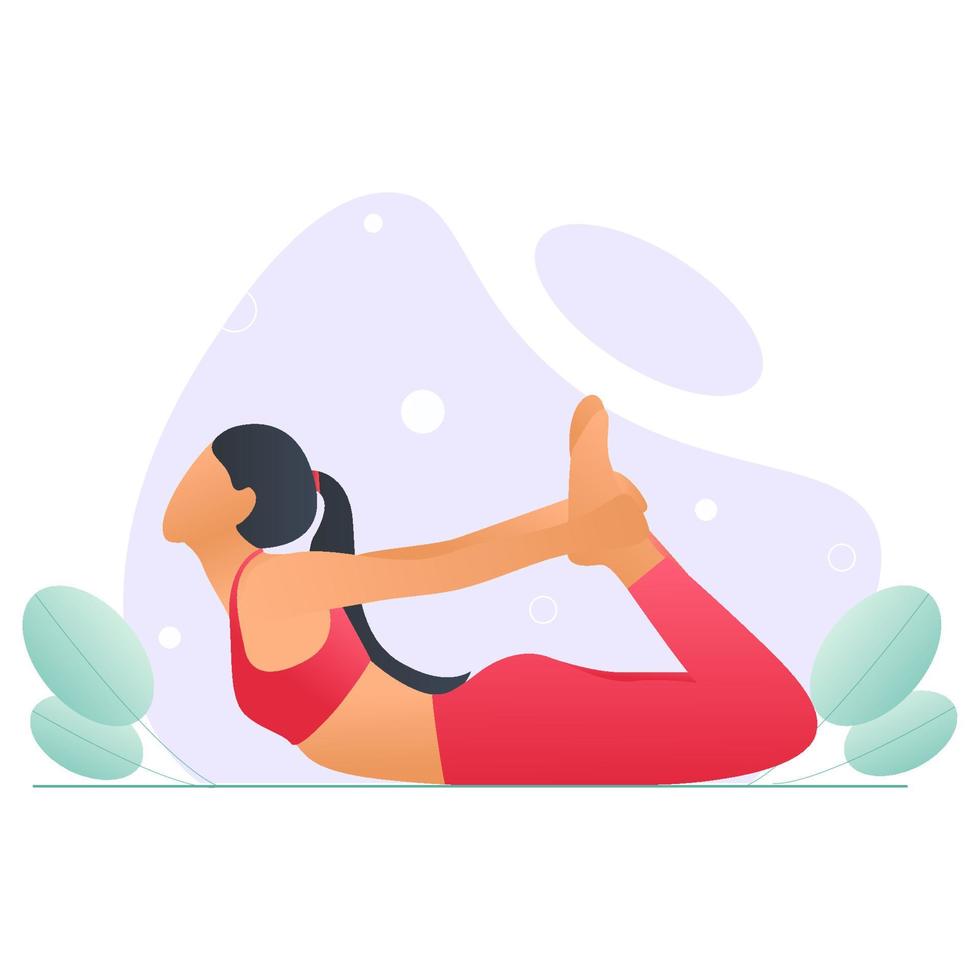 meditación, beneficios para la salud del cuerpo, posturas de yoga, control de la mente y las emociones. mujer haciendo yoga. Ilustración de vector de concepto plano